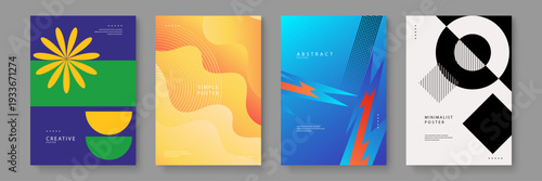 A comprehensive collection of four abstract posters featuring geometric shapes flower patterns and vibrant color palettes for modern interior decor