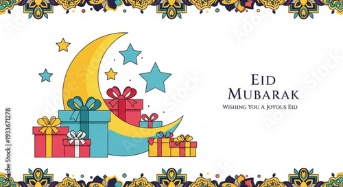 Festive eid mubarak greeting card featuring a crescent moon adorned with colorful gift boxes and twinkling stars set against a clean white background with ornate