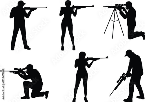 Collection of black sniper and marksman silhouettes aiming rifles in various tactical shooting positions isolated on white background, vector illustration set for military designs.