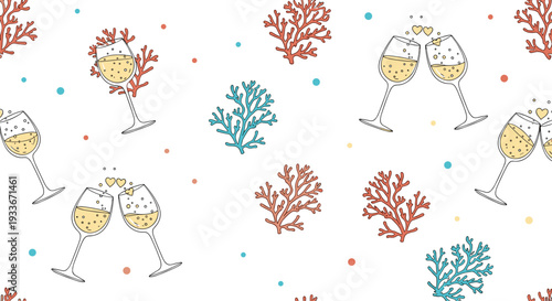 Festive seamless pattern with clinking champagne glasses and colorful sea corals decorated with tiny bubbles and hearts on a white backdrop.