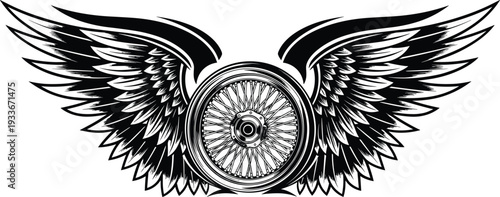Winged Wheel Illustration with Black Spoke Rim and Eagle Wings, Automotive Speed Symbol, and Biker Lifestyle Vector Graphic.