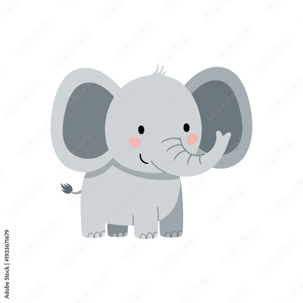 Fototapeta premium Cute cartoon baby elephant illustration, friendly and playful, isolated on white background