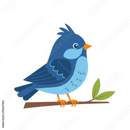 Cute Blue Bird Perched on a Tree Branch with Green Leaves, Cartoon Style