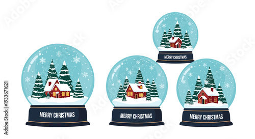 Selection of beautiful snow globes featuring a cozy red house nestled among snow-covered pine trees with a Merry Christmas message.