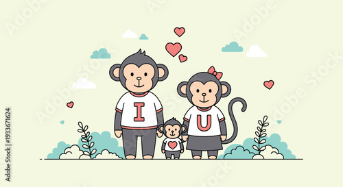 Adorable monkey family illustration with a mother, father, and baby wearing t-shirts that spell out a message of love in a park setting.