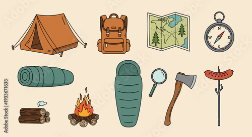 Essential camping equipment set featuring a tent, backpack, world map, compass, sleeping bag, bonfire, logs, ax, and roasted sausage.