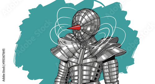 Medieval knight armor with red nose on teal background