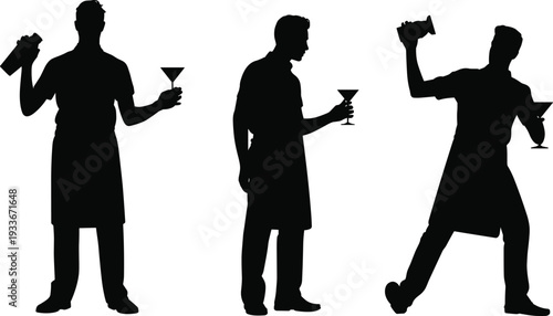 Professional male bartender silhouettes wearing aprons and holding cocktail glasses and shakers in various poses isolated on white background, vector illustration for bar service.