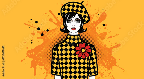 Stunning retro pop art woman in checkered outfit with red flower