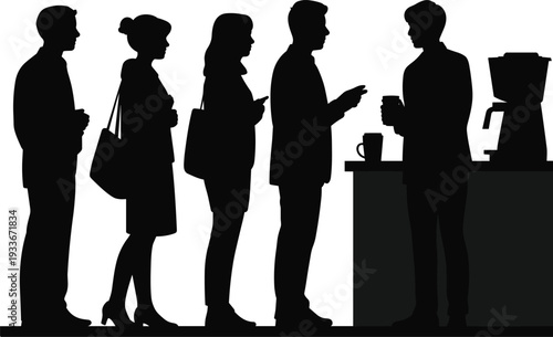 Five people standing in line at a coffee station with a coffee machine and cups on a counter