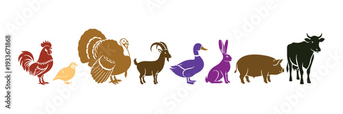 Outline farmyard animal icon series featuring rooster, quail, turkey, goat, duck, hare, pig, and cow.