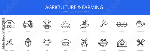 A comprehensive collection of linear icons representing modern agriculture and traditional farming practices