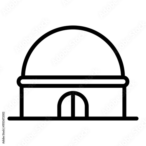 Simple line icon representing an astronomical observatory building with a dome roof for star gazing and space research