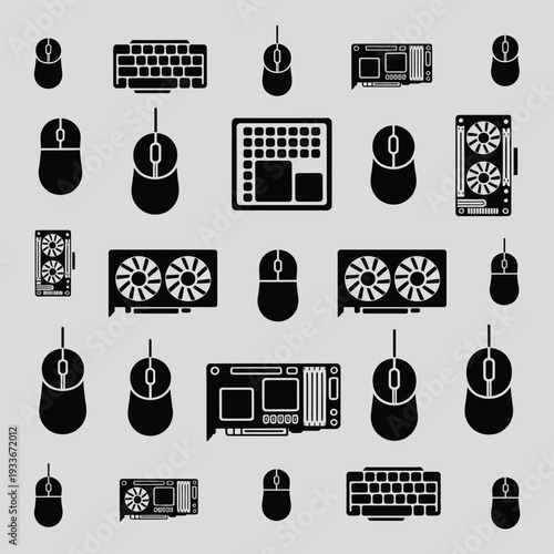 Computer hardware icons: keyboard, mouse, graphics card, motherboard
