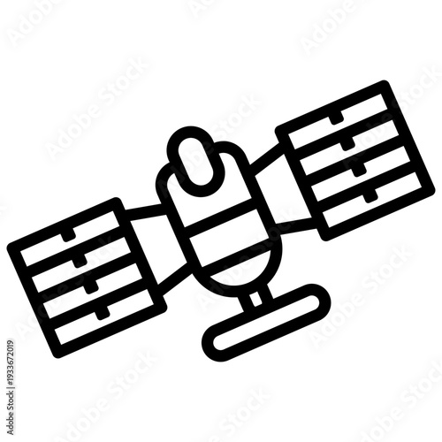 Detailed line icon of a space station or satellite with solar panels orbiting in outer space