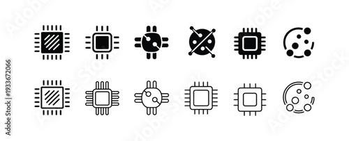 Microchip and CPU icons: processor, integrated circuit, computer chip