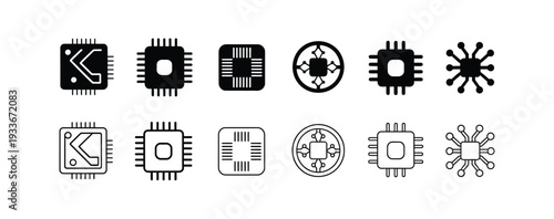 Set of computer chip icons, microprocessors, and processors.