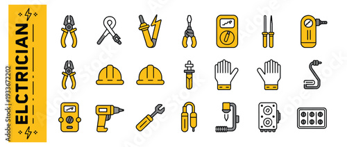 Electrician tools and safety equipment, vector icons with yellow accents