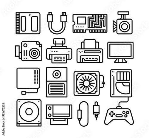 Set of computer hardware icons, vector illustration, technology and electronics