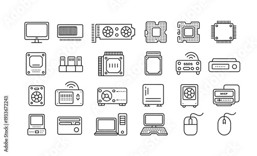 Computer hardware icons collection, vector illustration, technology and electronics