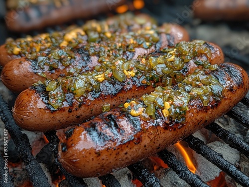 Grilled sausages topped with vibrant relish on a charcoal grill, close-up. Perfect for BBQ concepts, summer grilling, and delicious food photography.