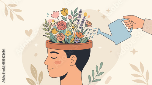 Mental Health Self Care Concept Illustration of Watering Mind with Positive Thoughts