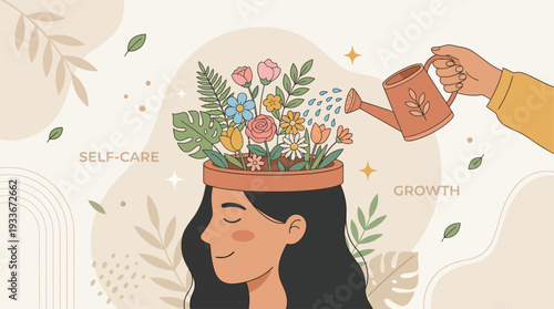 Mental Health Self Care Concept Illustration of Watering Mind with Positive Thoughts
