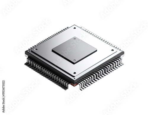 Shiny metallic computer chip with many pins on a black background