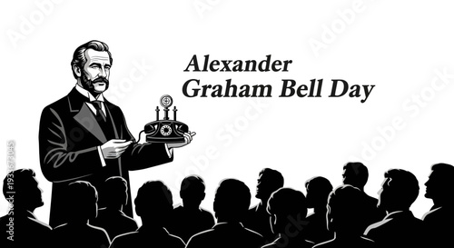 Illustration of Alexander Graham Bell holding a telephone device while speaking to an audience on Alexander Graham Bell Day.