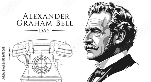 Illustration of Alexander Graham Bell and a diagram of a telephone on Alexander Graham Bell Day.