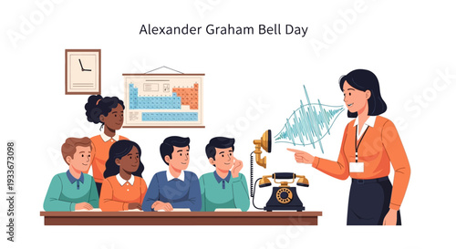 Students learn about Alexander Graham Bell's telephone invention on Alexander Graham Bell Day in a classroom setting.