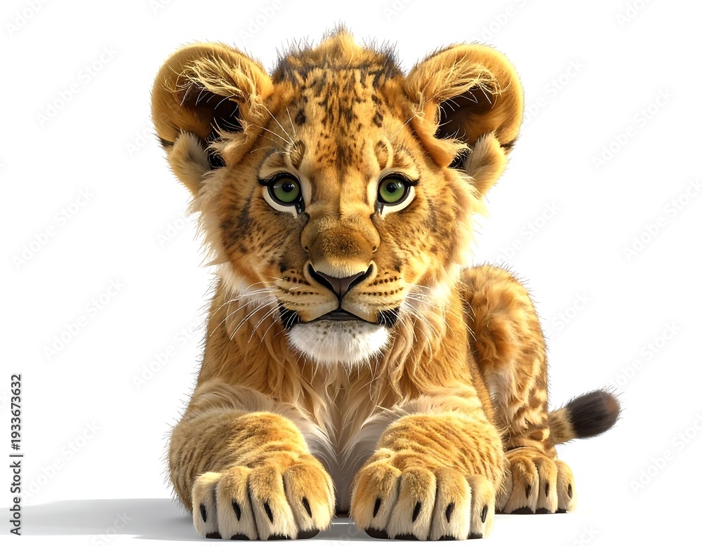 Obraz premium A lion cub with green eyes lies down