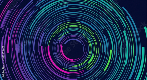 Abstract swirling digital vortex of colorful light lines.