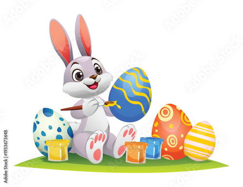 Cute rabbit sitting on grass painting a blue egg surrounded by multiple eggs. Vector cartoon illustration