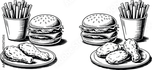 Hand Drawn Fast Food Set with Burger, French Fries, and Fried Chicken for Restaurant Menu Design Concept