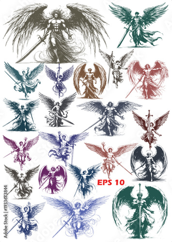 Dynamic Angel Warrior Sketch Set. Collection of Powerful Seraphim with Swords in Expressive Ink and Pencil Styles