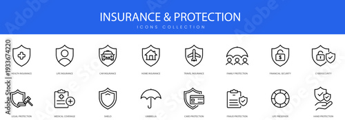 A comprehensive collection of linear icons representing various insurance services and security protection concepts for personal and financial safety