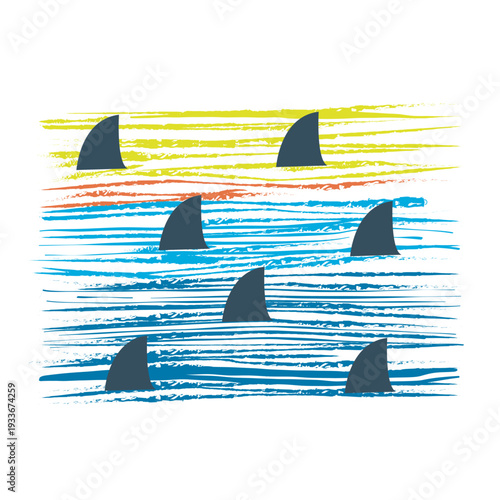 A summer travel illustration of a sailing yacht and boat navigating ocean waves alongside a marine whale and shark fin symbol