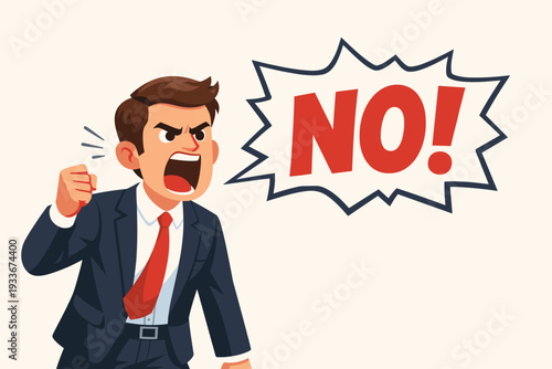 Angry businessman in a suit shouting NO with a large speech bubble, aggressive boss or employee expressing strong disagreement, refusal, or rejection, vector cartoon illustration of saying no.