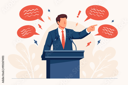 Male Politician or Businessman Giving a Speech at a Podium with Red Speech Bubbles Representing Lies and Misinformation, Flat Vector Illustration of Public Speaking, Debate, and Political Propaganda
