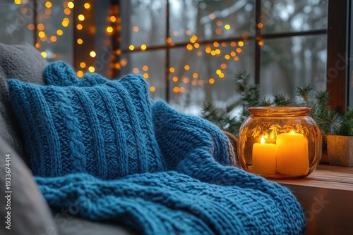 Cozy scene with blue blanket, candles, and bokeh lights from window. Perfect to illustrate winter holidays, relaxation, and warm atmosphere.