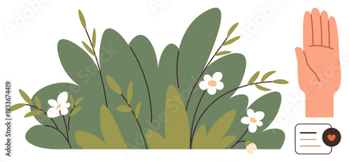 Nature conservation, sustainability, environmental awareness, eco-friendly initiatives, digital communication, mindfulness. A hand beside green foliage with flowers and a digital message icon. Nature