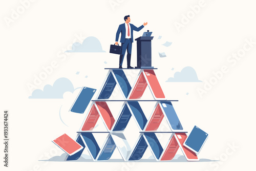 Businessman standing at a podium on top of a fragile house of cards, representing business instability, financial risk, precarious leadership, and economic uncertainty in a flat vector style.