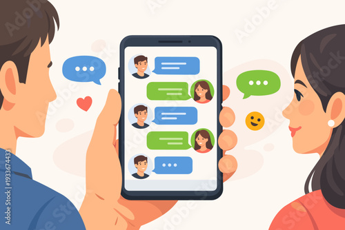 Couple Chatting on Smartphone Screen Vector Illustration. Man and Woman Messaging via Mobile App with Chat Bubbles and Emojis. Social Media Communication, Online Dating, and Digital Technology.