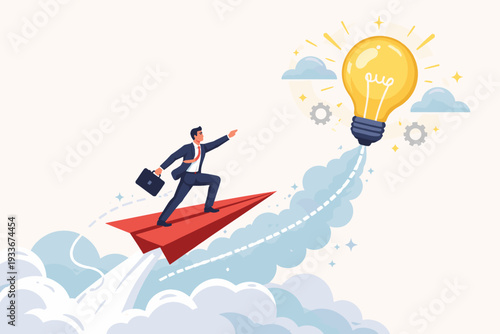 Businessman Flying on a Red Paper Plane Towards a Glowing Light Bulb, Representing a Successful Startup Business Idea, Innovation, Creative Vision, and Professional Growth in a Corporate Setting.
