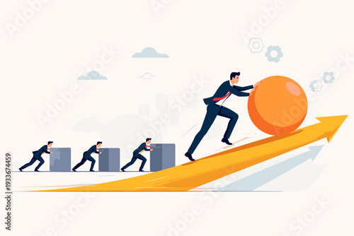 Businessman Pushing a Sphere Up an Arrow Ramp While Others Push Heavy Blocks, Representing Innovation, Efficiency, Winning Strategy, Leadership, and Smart Work for Business Success and Growth.