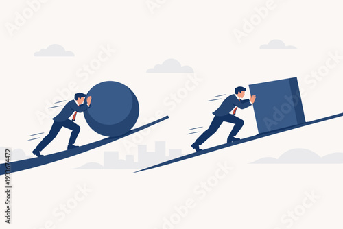 Business Efficiency Concept with Two Businessmen Pushing a Sphere and a Cube Uphill. One Man Wins the Race by Using a Round Object While the Other Struggles with a Square Box. Flat Vector Design.