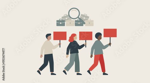 Unemployed People Holding Red Signs and Searching for Work, Employees Looking for Job Concept. Flat Vector Illustration of Diverse Job Seekers, Recruitment, Career Hunting, and Economic Crisis.