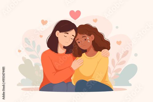 Empathy and compassion concept with two diverse women supporting each other. One friend comforting a crying woman with a hug and hand on shoulder. Mental health, emotional support, and friendship.