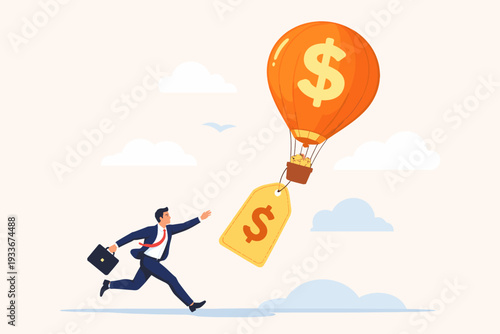 Businessman Chasing Rising Prices and Inflation Concept with Hot Air Balloon and Dollar Sign Price Tag, Representing Overvalued Stocks, High Cost of Living, and Economic Market Trends